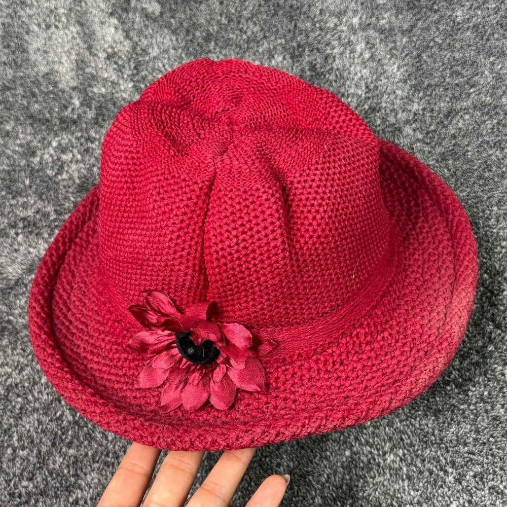 Red Knit Cloche Hat with Floral Accent Vintage Style Rolled Brim Women Accessory